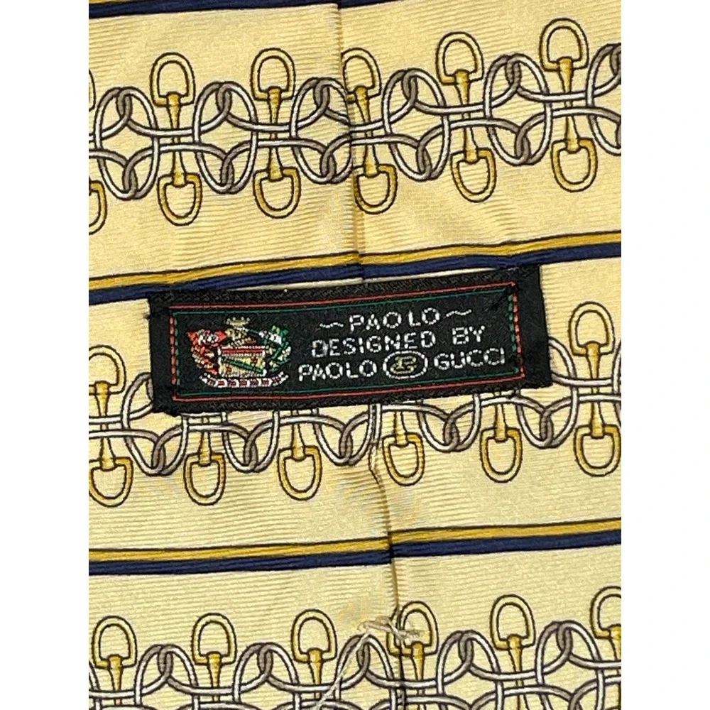 Paolo Designed by Paolo Gucci Mens Silk Tie Yellow Horsebit Chain Link Italy